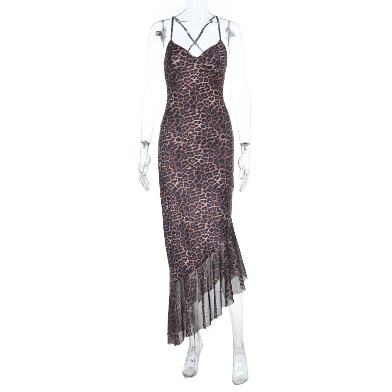 Leopard Print Backless Ruffled Sling Dress Mid-Length