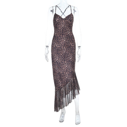 Leopard Print Backless Ruffled Sling Dress Mid-Length
