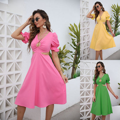 A-Line Midi Dress with V-Neck and Waist Cut-Outs