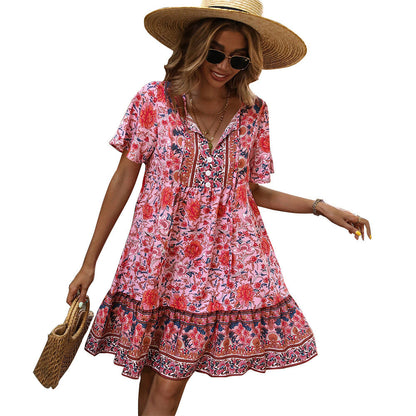 Floral A-Line Mini Dress with V-Neck and Lace-Up Detail