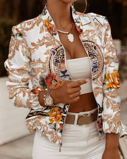 Collarless Printed Bomber Jacket with Zipper Front