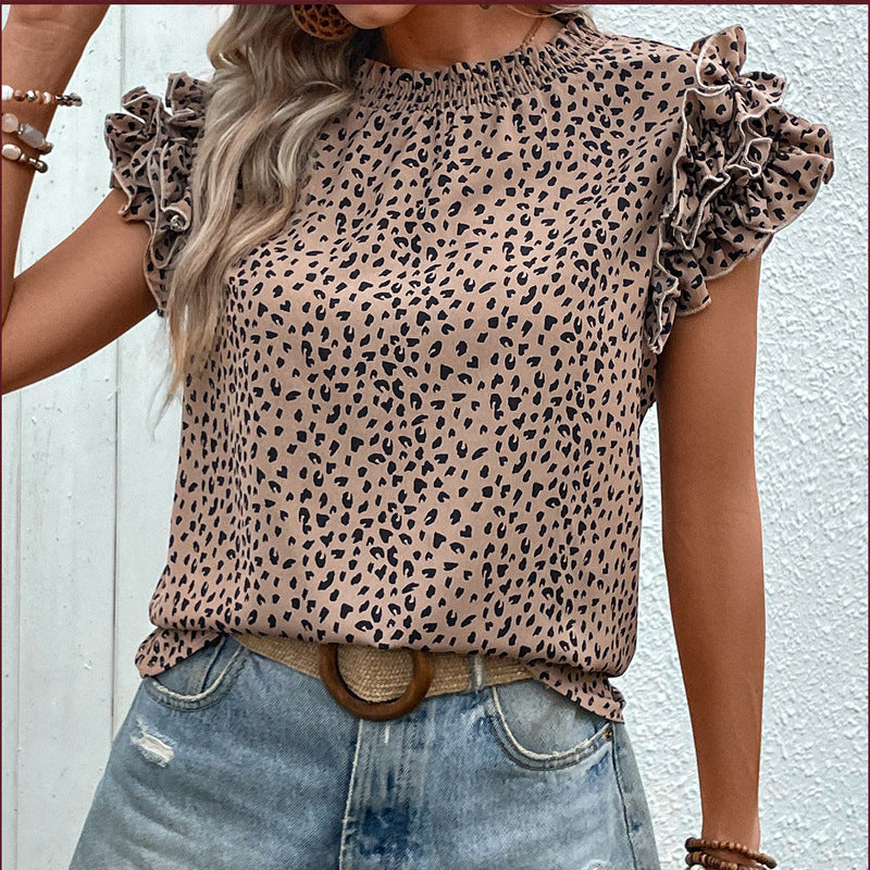 Leopard Print Blouse with Ruffled Cap Sleeves and Gathered Neck