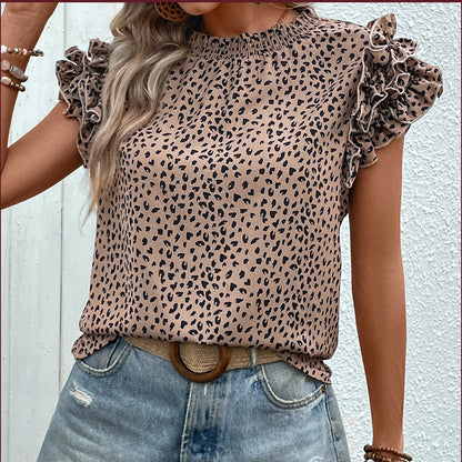 Leopard Print Blouse with Ruffled Cap Sleeves and Gathered Neck
