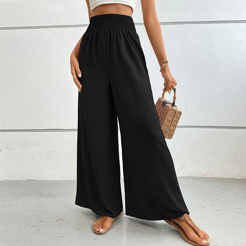 Casual Wide-Leg Trousers with High Smocked Waist