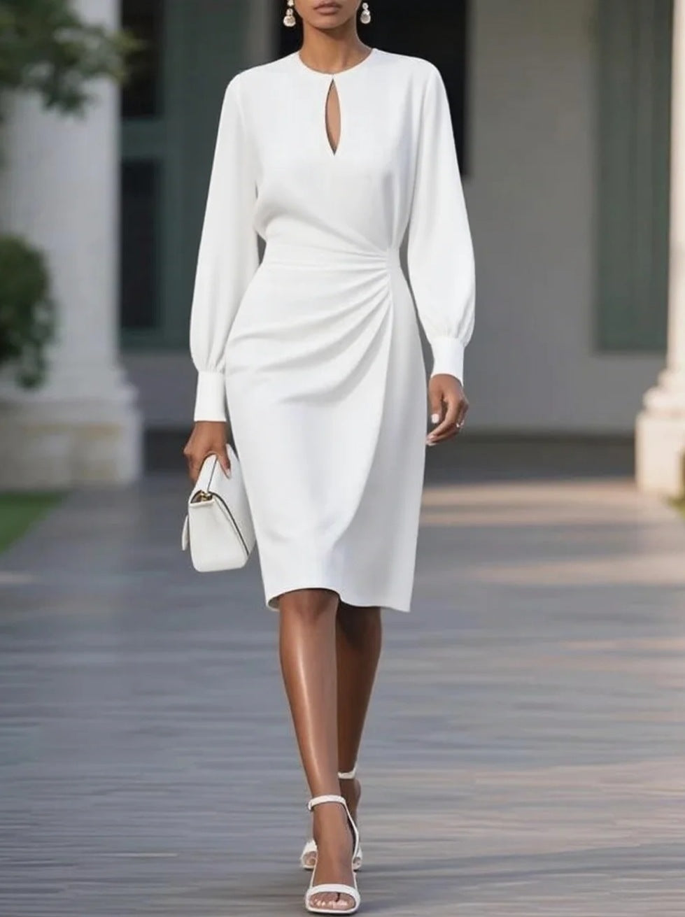 Solid Midi Dress with Keyhole Neck and Draped Waist