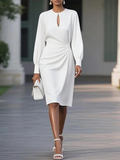 Solid Midi Dress with Keyhole Neck and Draped Waist
