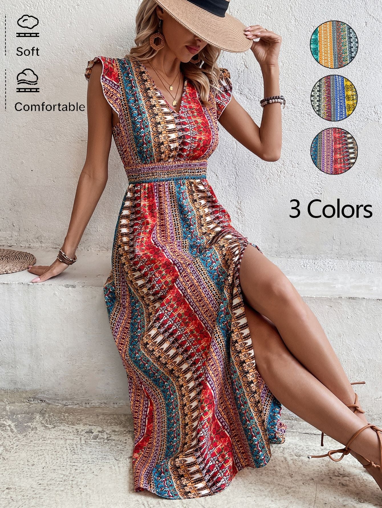 Geometric Print A-Line Maxi Dress with V-Neck and Flutter Sleeves