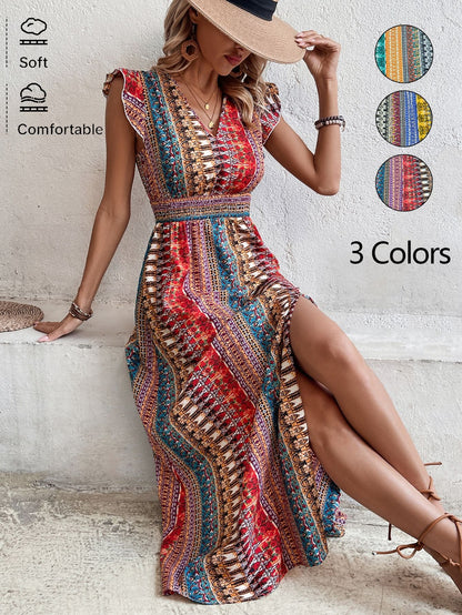 Geometric Print A-Line Maxi Dress with V-Neck and Flutter Sleeves