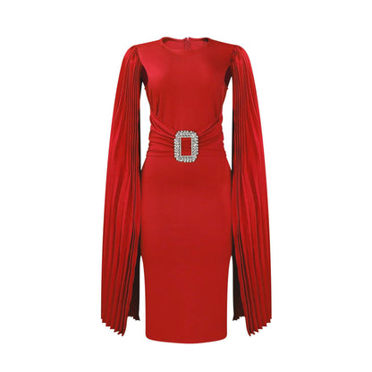 Solid Bodycon Midi Dress with Pleated Cape