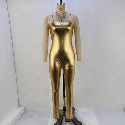Bodycon Metallic PU Jumpsuit with Strapless Neckline
