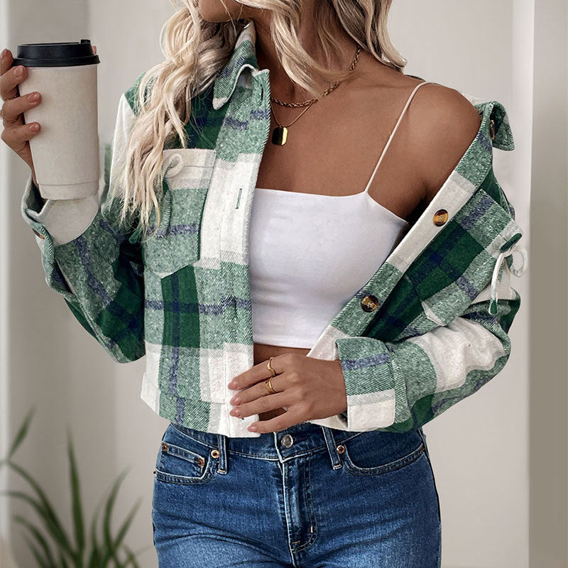 Plaid Cropped Shacket with Lapel Collar and Button Front