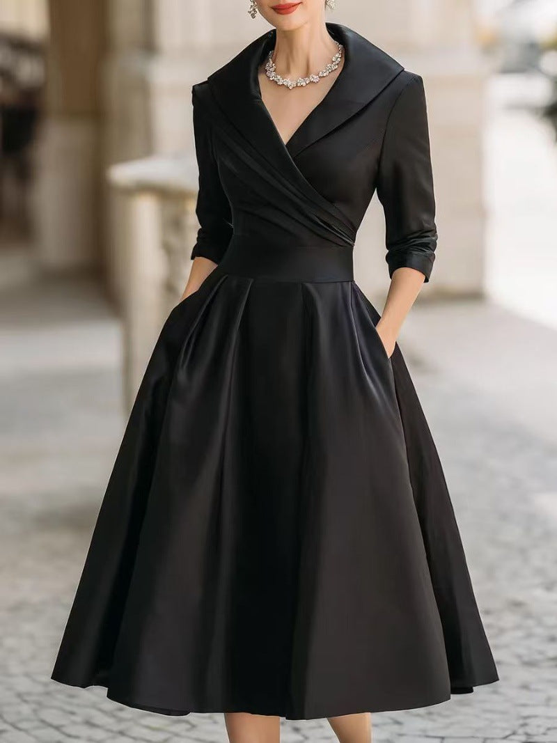 A-Line Midi Dress with Shawl Collar and Cuffed 3/4 Sleeves