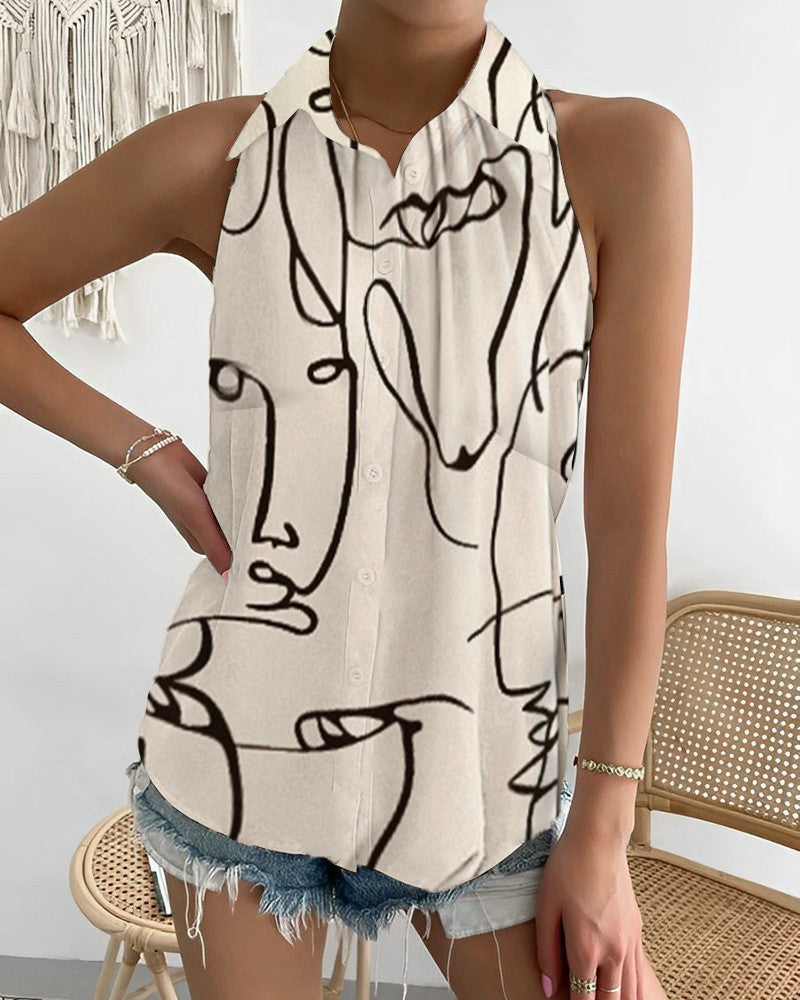 Abstract Print Halter Top with Collared Button Front