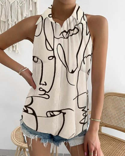 Abstract Print Halter Top with Collared Button Front