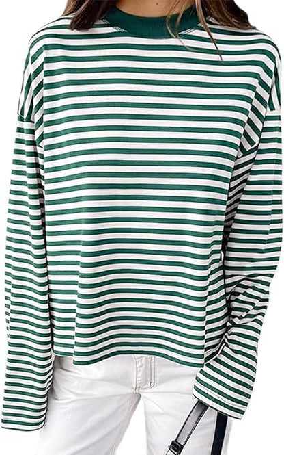 Oversized Striped Long Sleeve T-Shirt with Round Neck