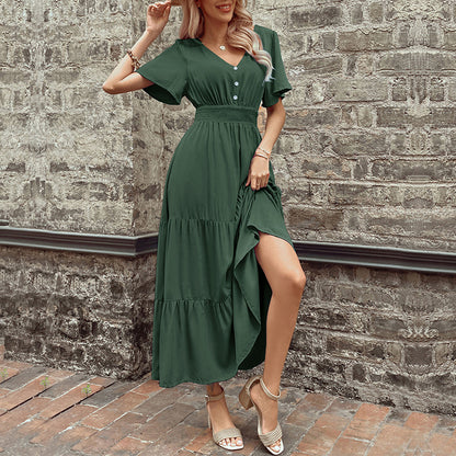 Solid A-Line Midi Dress with V-Neck, Shirred Waist, and Tiered Skirt