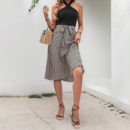 Color-Blocked A-Line Midi Dress with Halter Neck