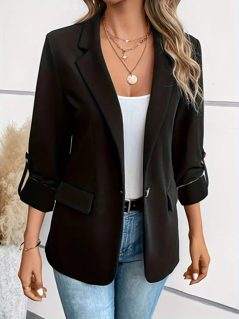 Solid Blazer with Notched Lapel and Rolled Sleeves
