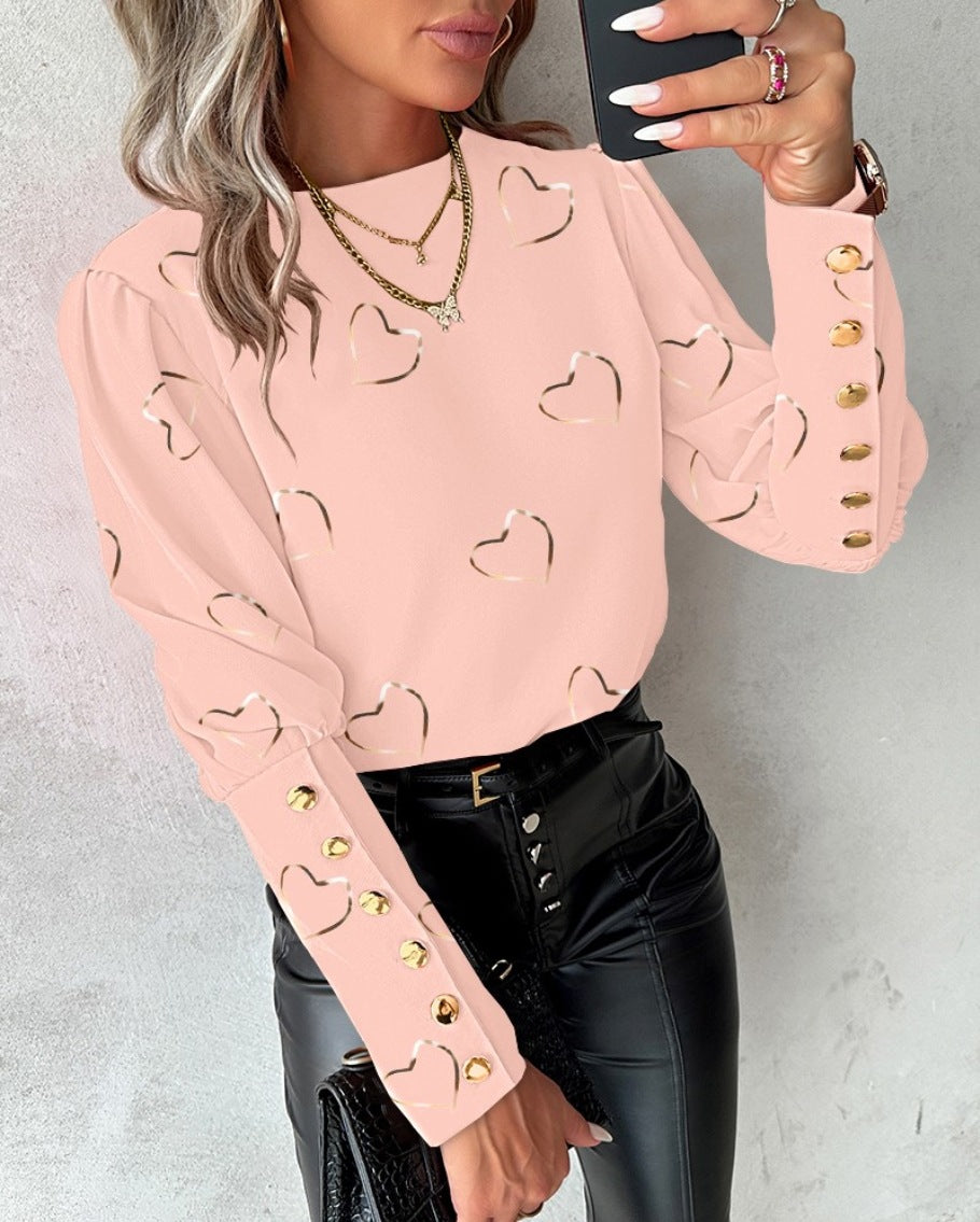 Gold Heart Print Blouse with Long Sleeves and Button Cuffs