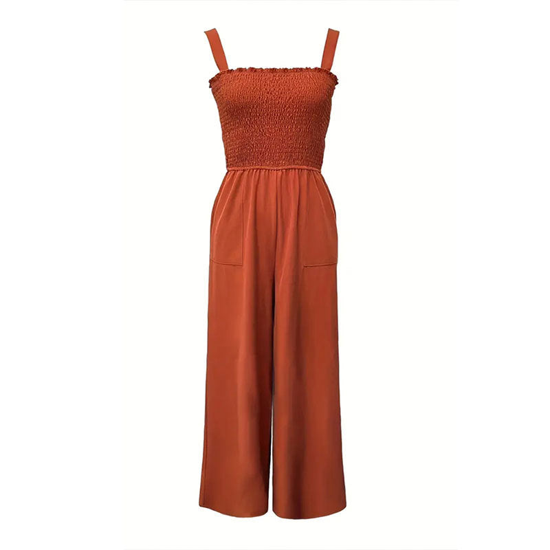 Shirred Bodice Wide-Leg Jumpsuit with Pockets