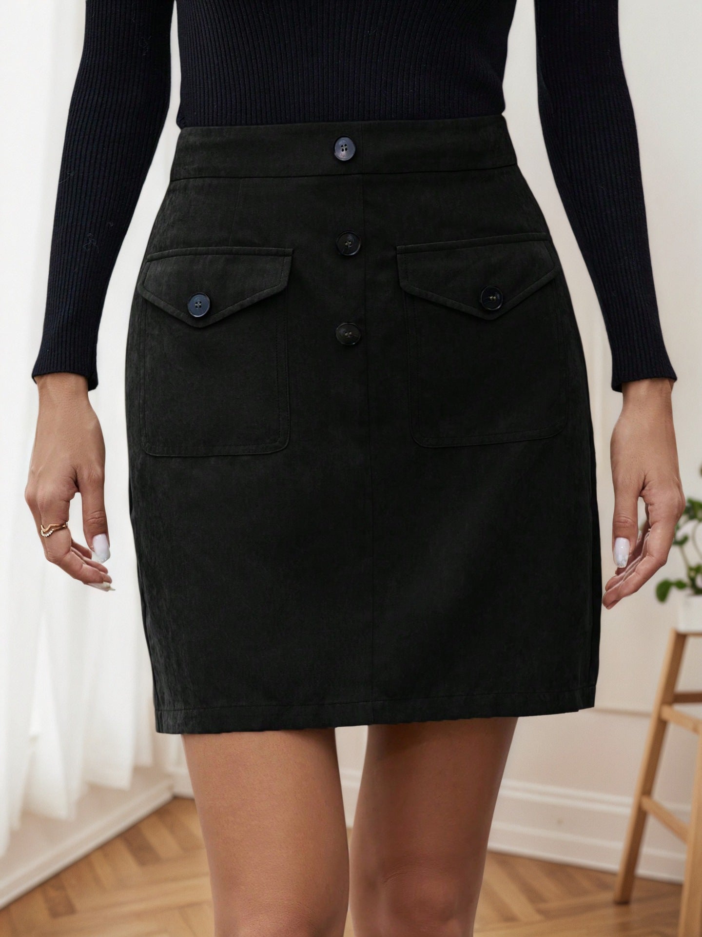 High-Waisted Corduroy Mini Skirt with Flap Pockets and Button Front