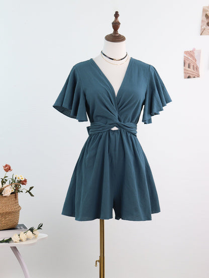 Wide-Leg Romper with V-Neck and Flutter Sleeves