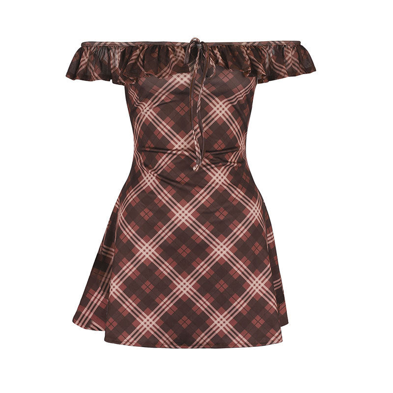 Plaid A-Line Mini Dress with Ruffled Off-the-Shoulder Neckline