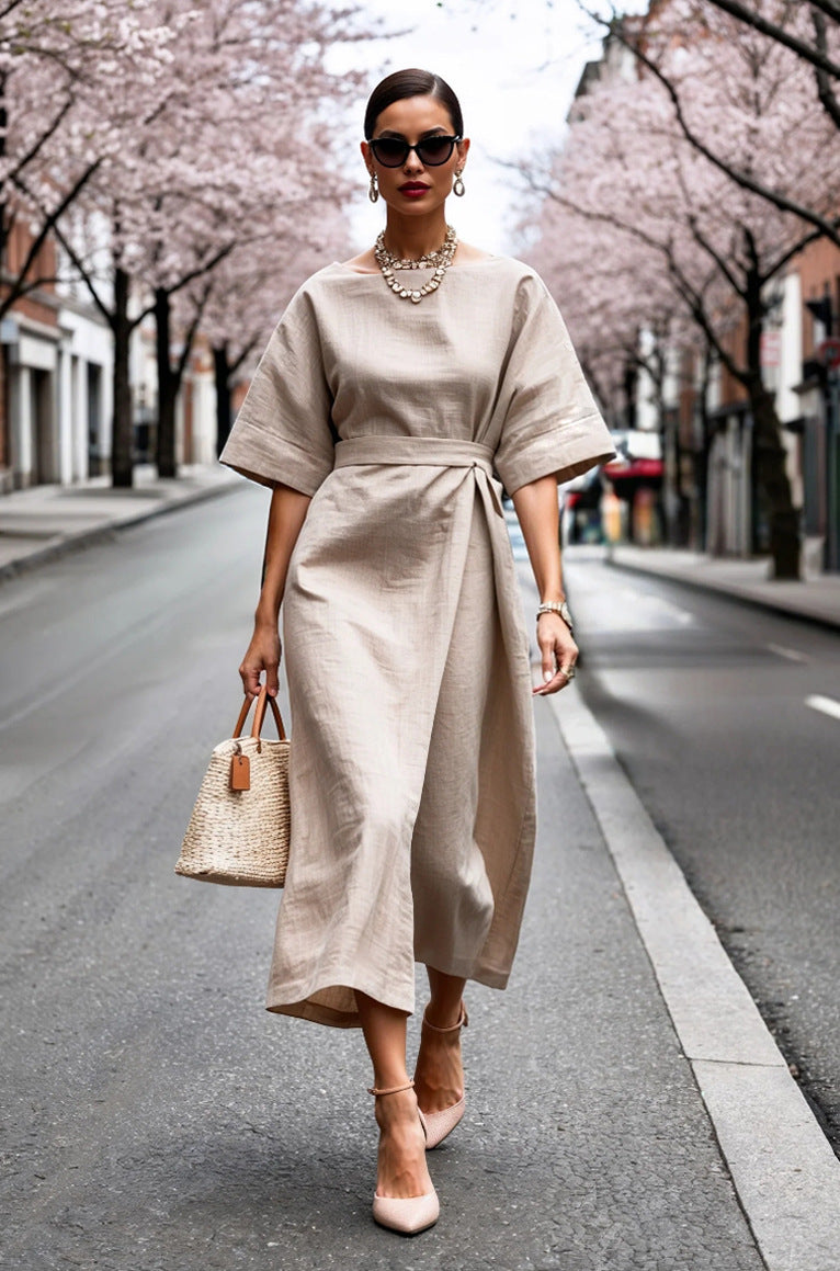 Solid Wrap Midi Dress with Kimono Sleeves and Tie-Waist