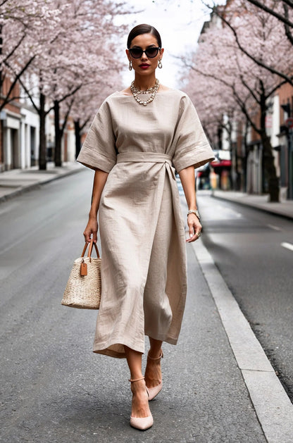 Solid Wrap Midi Dress with Kimono Sleeves and Tie-Waist