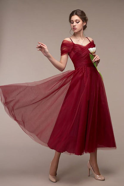 Ruched Tulle Midi Dress with Off-Shoulder Straps