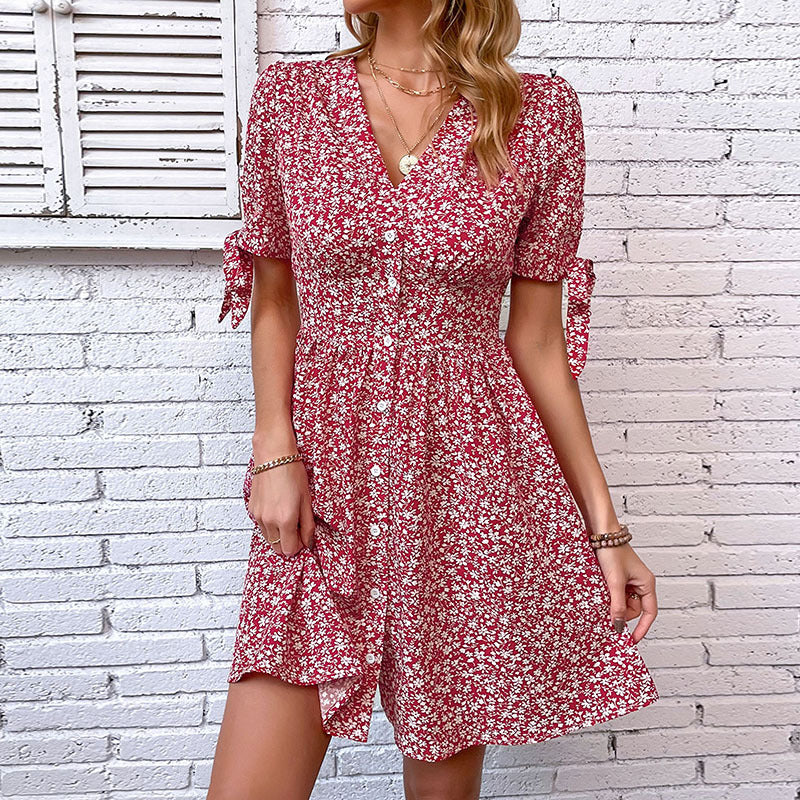 Floral A-Line Dress with V-Neck, Button Front, and Tie Sleeves