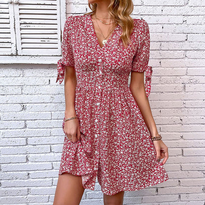 Floral A-Line Dress with V-Neck, Button Front, and Tie Sleeves