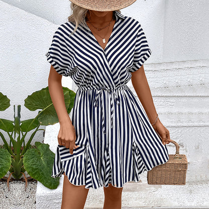 Striped Shirt Dress with Drawstring Waist and Ruffle Hem