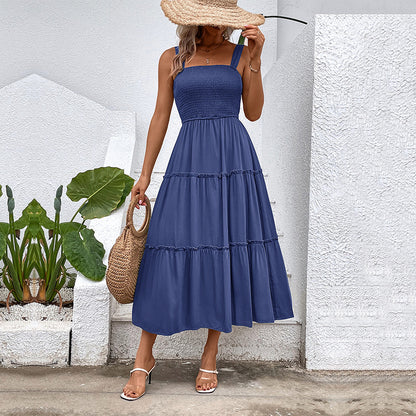Solid A-Line Midi Dress with Smocked Bodice & Tiered Skirt