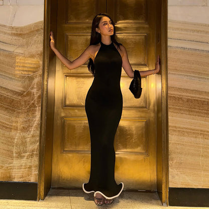 High Waist Sleeveless Long Skirt Solid Color Polyester