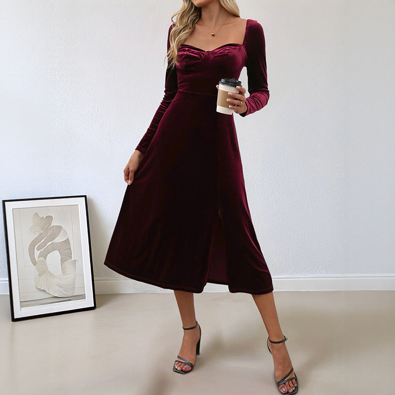 A-Line Velvet Midi Dress with Square Neck and Slit