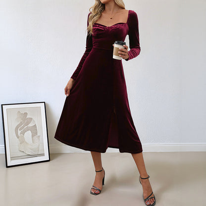 A-Line Velvet Midi Dress with Square Neck and Slit