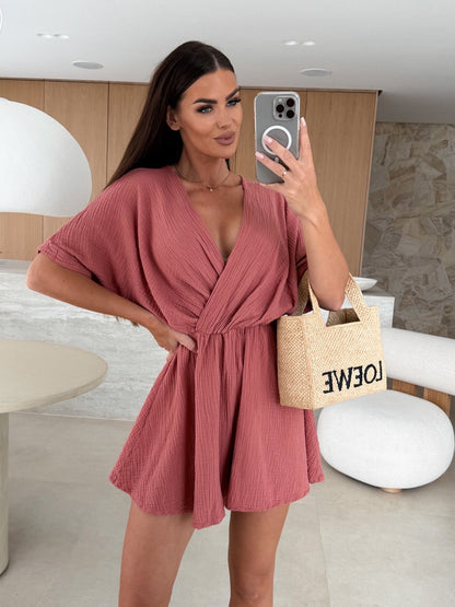 Wrap Front V-Neck Romper with Cinched Waist