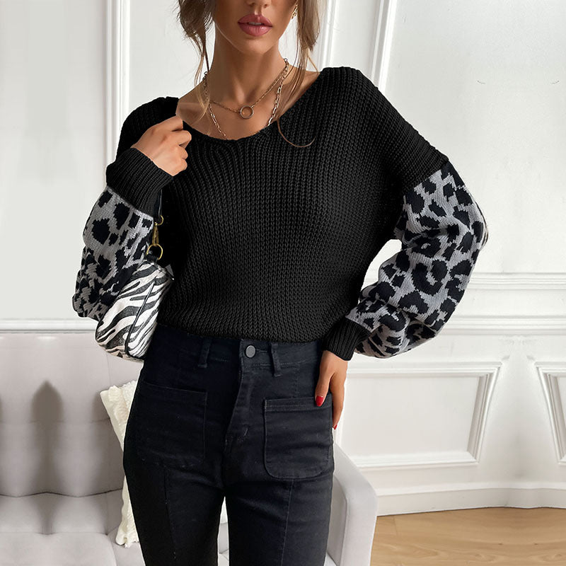 Loose Knit Pullover with Leopard Print Sleeves and V-Neck