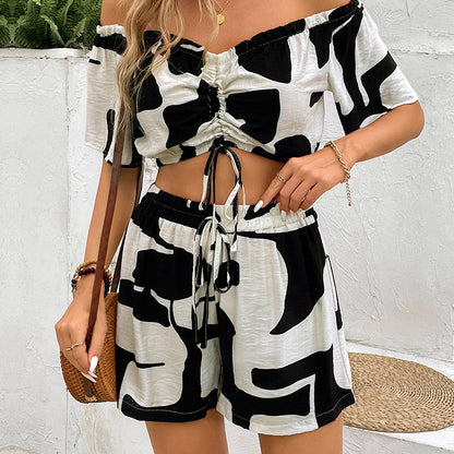Cow Print Shorts Set with Off-Shoulder Ruched Top