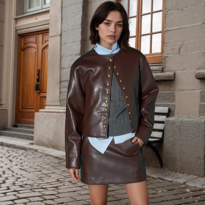 Cropped Faux Leather Jacket with Gold Buttons