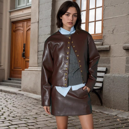 Cropped Faux Leather Jacket with Gold Buttons