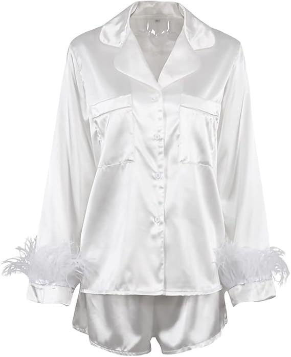 Solid Satin Pajama Set with Feather Trim Cuffs