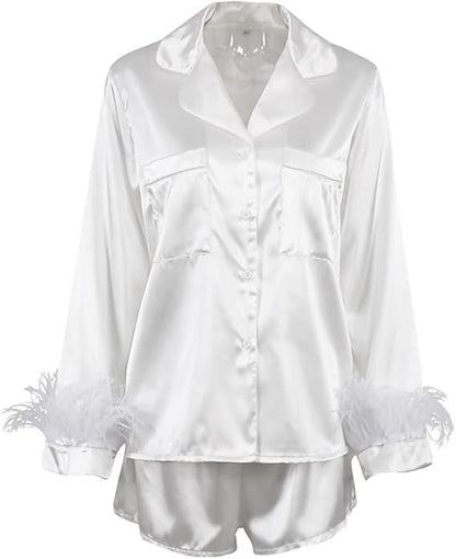 Solid Satin Pajama Set with Feather Trim Cuffs