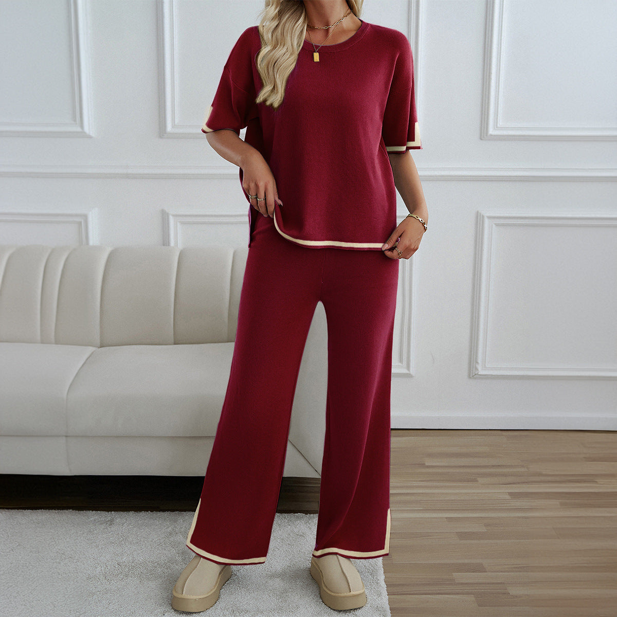 Color Block Two-Piece Set with Short-Sleeve Top and Wide-Leg Pants