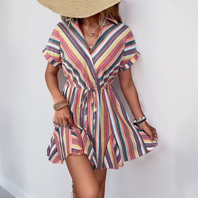 Striped Wrap Mini Dress with Shirt Collar and Tie-Waist