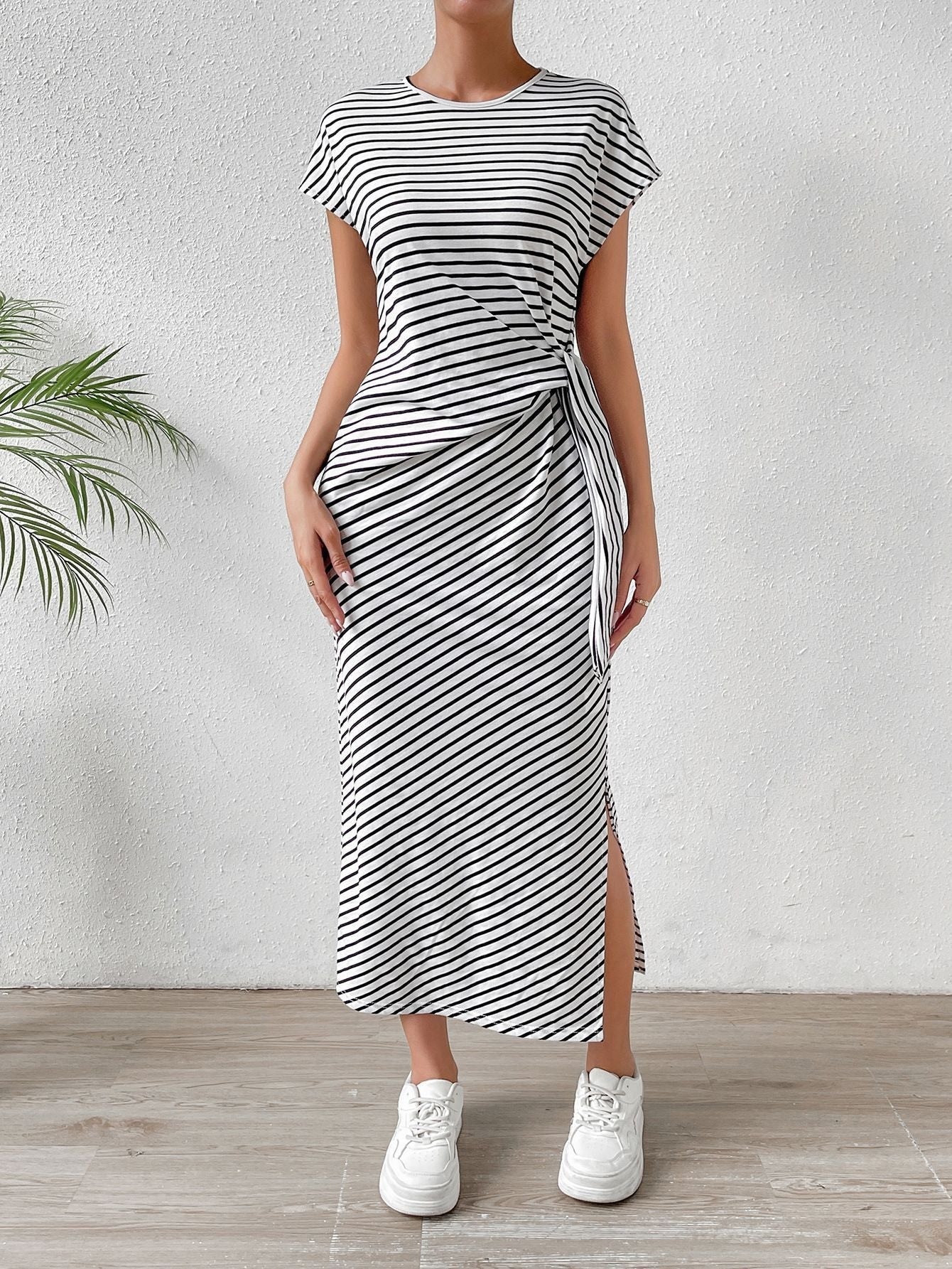 Striped Bodycon Maxi Dress with Side Tie and Slit