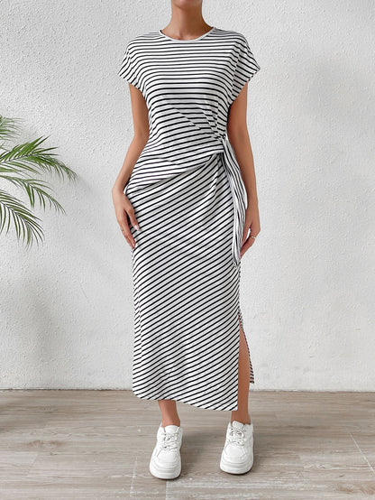 Striped Bodycon Maxi Dress with Side Tie and Slit