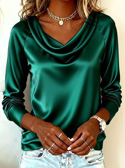 Solid Satin Cowl Neck Blouse with Long Sleeves