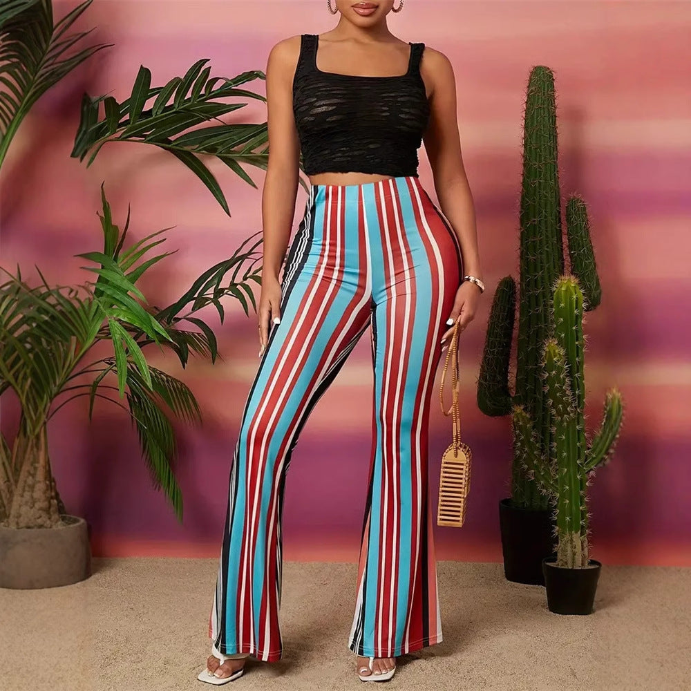Colorful Striped Bootcut Pants with High Waist